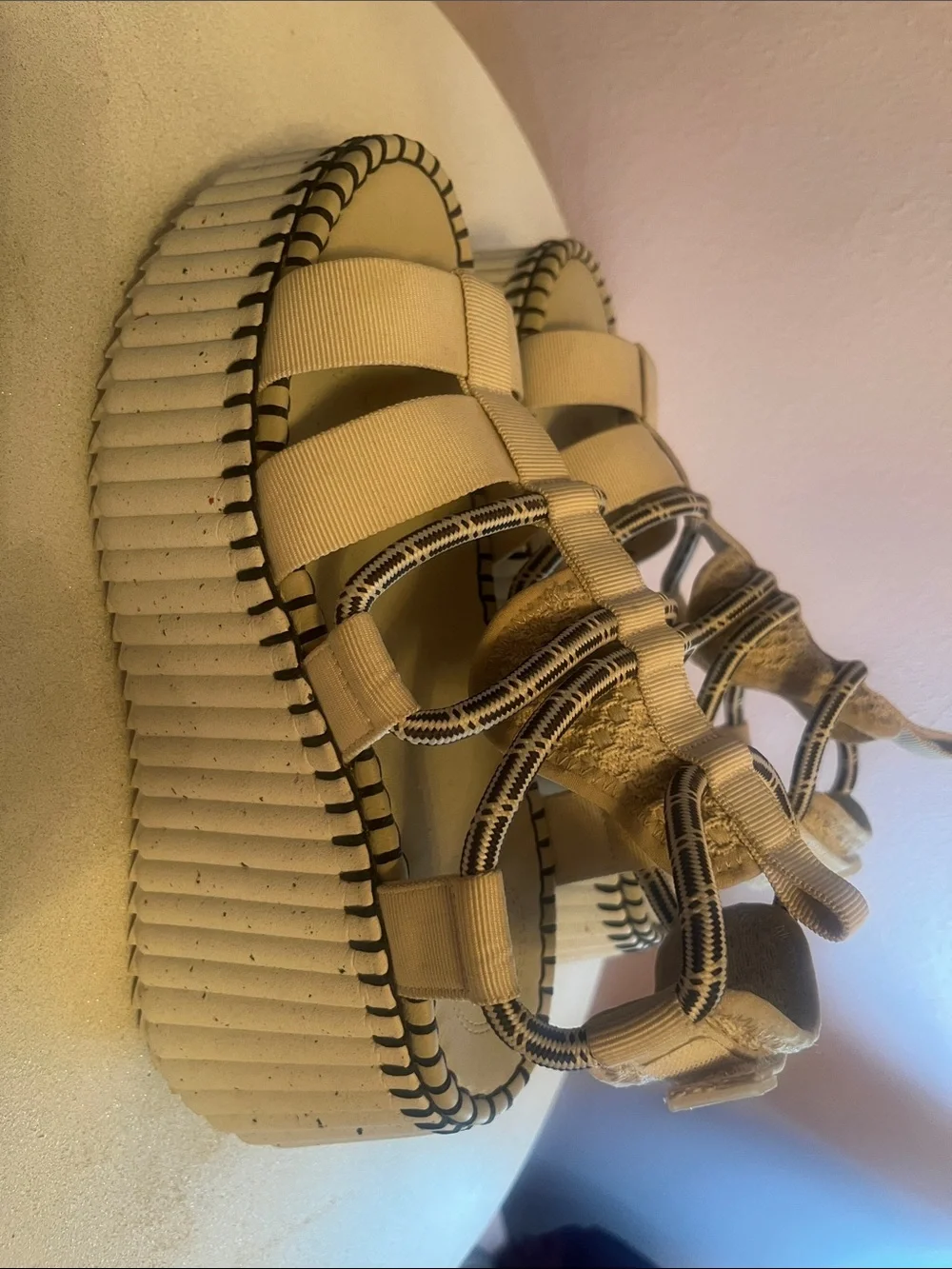 Chloe Nama platform wedge Beige and Black Strappy Platform Sandals chunky boots